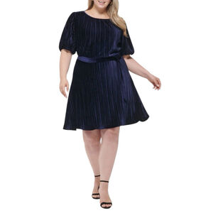 DKNY Velvet Fit & Flare Bubble Sleeve Pleated Dress Navy Blue Size 22W
